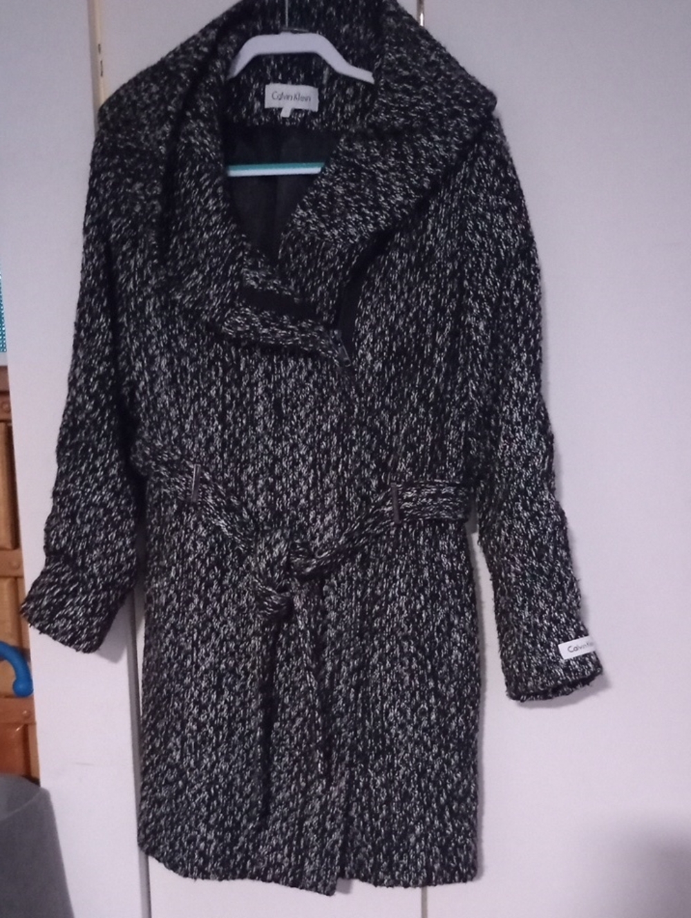 Calvin Klein Black & White Knit Belted Shawl-Collar Coat